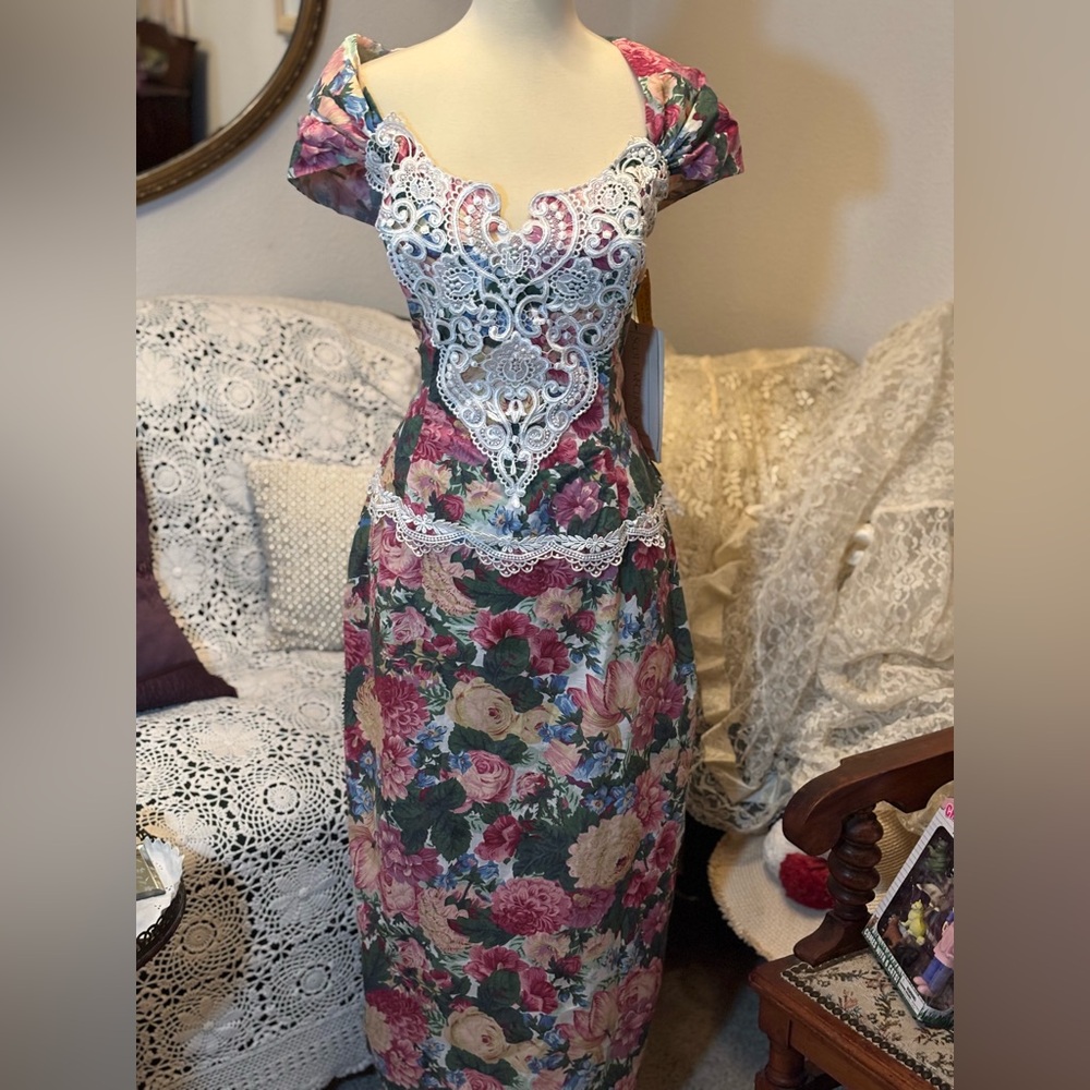 Scott McClintock Vintage 1992 Pink Floral Lace Midi Dress
